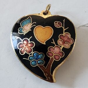 Cloisonne Puffed Heart Pendant Black Enamel Butterfly Hearts Floral Gold Tone